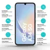 A smartphone screen with protective film features highlighted by callouts. Produktbild-Vorschau