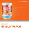 A product shot of a jar of "FRULOVE IN JELLY PEACH" with marketing text and bullet points describing its features, set against an orange background. Produktbild-Vorschau