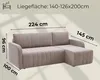 A diagram showing the dimensions of a sofa with a chaise lounge. Produktbild-Vorschau