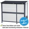 A wooden animal hutch with a dark roof, shown from the front. Produktbild-Vorschau