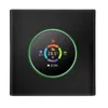 A smart thermostat with a circular display showing temperature, humidity, Wi-Fi status, and time. Produktbild-Vorschau