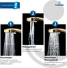 A collage of three images showing different water spray patterns from a showerhead, with descriptive text and numbered labels. Produktbild-Vorschau