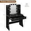 A diagram showing the dimensions of a black vanity table with LED lights and a mirror. Produktbild-Vorschau