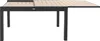 A side view of an extendable outdoor table with a slatted wood-look tabletop and black metal legs. Produktbild-Vorschau