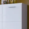 A close-up view of a white, high-gloss cabinet door with a silver handle. Produktbild-Vorschau