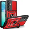 Two red and black phone cases are displayed against a white background. One case is standing upright, showing the back with camera protection and a ring holder. The other case is lying down, also showing the back with the ring holder extended. Produktbild-Vorschau