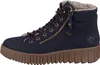 A side view of a navy blue Rieker women's lace-up boot with a brown sole and faux fur lining. Voir les images du produit
