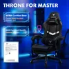 A black gaming chair with white accents, displayed in a gaming-themed room with neon blue lighting and gaming equipment in the background. Text overlays highlight product certifications. Produktbild-Vorschau