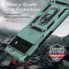 A teal phone case with a sliding camera cover and ring holder is shown on a rocky, mountainous terrain. Produktbild-Vorschau