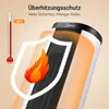 A close-up marketing image of a Midea ceramic heater, highlighting its overheating protection feature with a shield and flame graphic, and a thermometer indicating 'OFF'. Produktbild-Vorschau