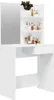 A white vanity table with a mirror and shelves filled with cosmetic products. Náhled obrázku produktu