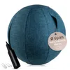 A teal exercise ball with a fabric cover, shown with an air pump and two small white adapters. Produktbild-Vorschau