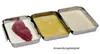 A set of three stainless steel trays for breading food, with a piece of raw meat in the first tray (flour), beaten egg in the second, and breadcrumbs in the third. Anteprima dell’immagine prodotto