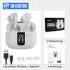 A collage showing a pair of white wireless earbuds in their charging case, along with packaging and an instruction manual. Voir les images du produit