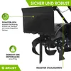 Close-up of a garden tiller's tines and protective shield, with marketing text and logos. Produktbild-Vorschau