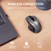 A wireless mouse is shown next to a laptop on a wooden surface, with marketing text and icons. Produktbild-Vorschau