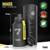A black water jug and its cylindrical container are displayed against a black background, with product specifications and marketing badges. Produktbild-Vorschau