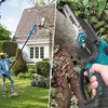 A split image showing a person using a pole saw in a garden on the left, and a close-up of a small chainsaw cutting a log on the right. Produktbild-Vorschau