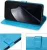 A collage of images showing a blue flip wallet case for a Xiaomi 15T Pro phone. Produktbild-Vorschau