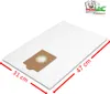 A white vacuum cleaner bag with a brown cardboard attachment, shown flat on a white background with dimensions indicated by red arrows and text. Produktbild-Vorschau