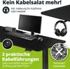 A black desk with computer accessories and promotional text about cable management. Produktbild-Vorschau