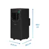 A black mobile air conditioner unit with dimensions indicated by measurement lines and numbers. Produktbild-Vorschau