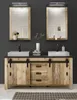 A modern bathroom vanity with two sinks, mirrors, and integrated lighting. Produktbild-Vorschau