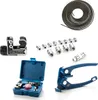 A collection of automotive repair tools, including a tube cutter, a set of fittings, a tube bender, and a coil of brake line. Produktbild-Vorschau