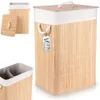 A product shot of a bamboo laundry basket with a fabric liner and lid, shown from multiple angles. Náhled obrázku produktu