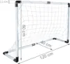 A white soccer goal with net, showing dimensions. Voir les images du produit