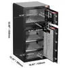 A black safe with its doors open, showing internal shelves and dimensions labeled on the exterior and interior. Produktbild-Vorschau