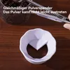 A close-up of a white, flower-shaped powder dispenser on a wooden surface, with coffee beans and a silver scoop in the background. Produktbild-Vorschau