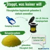 An infographic explaining how camping granules work to absorb liquids, with images of the granules and a portable toilet. Produktbild-Vorschau