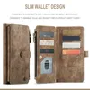 A brown leather wallet is shown open, displaying multiple card slots and a zippered compartment. Text overlays describe the wallet's features. Produktbild-Vorschau