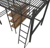 A close-up view of a black metal loft bed with wooden shelves and a ladder, set against a white background. Náhľad obrázku produktu