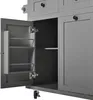 A close-up view of a gray kitchen island with one door open, revealing shelves inside. The island has wheels at the bottom. Náhled obrázku produktu