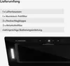 A list of included items and a close-up of a black kitchen hood. Produktbild-Vorschau