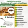 A marketing image showing a sticky trap for bread beetles and pantry pests, with illustrations and text explaining its effectiveness. Produktbild-Vorschau
