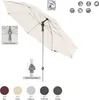 A cream-colored rectangular parasol is shown tilted on its side, with close-up insets detailing its mechanism and height adjustment. Produktbild-Vorschau