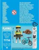 A Playmobil set featuring a mountain biker, a tree stump, and a bicycle against a blue background with various warning texts and product information. Produktbild-Vorschau