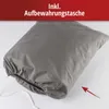 A gray motorcycle cover is shown, partially closed with a drawstring. An arrow points to the bottom right corner of the cover. Náhľad obrázku produktu