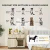 A wall with various dog breed images and a cabinet with decorative items and pet supplies. Náhled obrázku produktu