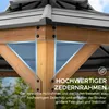 Close-up of the wooden frame and roof structure of a gazebo, with blue highlights and text overlay. Produktbild-Vorschau