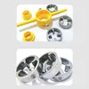A top-down view of a set of PVC pipe threading tools, including yellow plastic guides and gray metal dies. Náhľad obrázku produktu