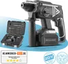 A black cordless rotary hammer drill with accessories in a case, presented with marketing elements. Produktbild-Vorschau