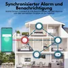 A diagram showing interconnected smoke detectors within a house, with a smartphone displaying an app interface. Produktbild-Vorschau