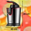 A black and silver citrus juicer with red accents is shown against a blurred background of citrus fruits. Dimensions are indicated. Produktbild-Vorschau
