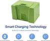 A green battery pack with text and icons describing its smart charging technology and protection features. Voir les images du produit