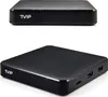 Two views of a black TVIP S-Box media player against a white background. Podgląd zdjęcia produktu
