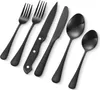 A set of black stainless steel cutlery arranged diagonally on a white background. Voir les images du produit
